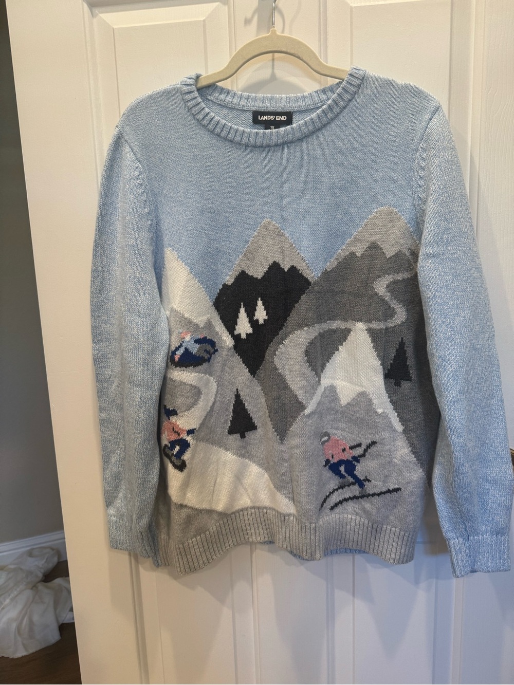 Lands' End Blue Ski Scene Mountain Knit Crewneck Sweater Plus Size 1X